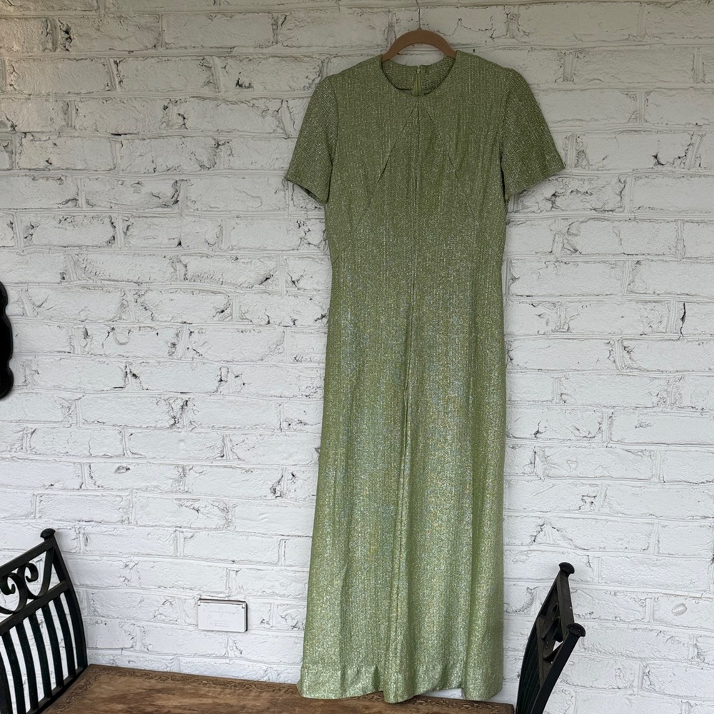 Vintage 1960s metallic polyester dress Light lime Green Short-Sleeve Maxi Dress